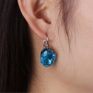 🌹✅Aquamarine, Oval Cut Zircon Clip Hoop Earrings.